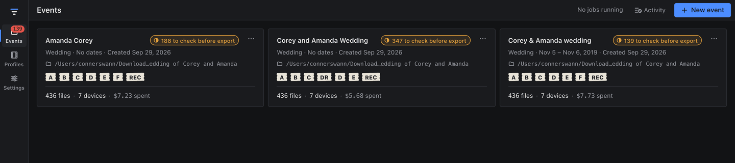 The Events list with three cards for the same wedding footage. Each card shows how many items are left to check before export, the genre and dates, the media folder, tape labels A to F and REC, and a line such as 436 files, 7 devices, 7.73 dollars spent.