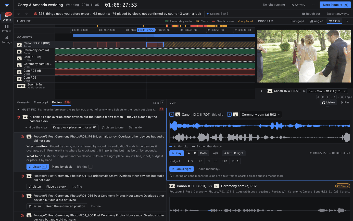 The Review screen. At the top, the goal bar reads '139 things need you before export, 62 must fix, 74 placed by clock, not confirmed by sound, 3 worth a look'. A timeline shows seven device lanes. The Listen panel compares the A-cam clip with the B-cam as two waveforms, with Play, A, B, Both, nudge buttons and 'Looks right'.