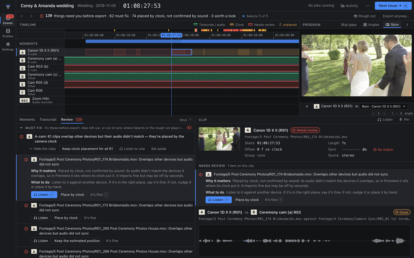 The Review screen for the Corey and Amanda wedding. The goal bar reads '139 things need you before export: 62 must fix, 74 placed by clock, not confirmed by sound, 3 worth a look', with Selects 5 of 5, Rough cut and Export anyway. The timeline shows moments above seven device lanes, colour-coded by how each clip was placed. The Review tab lists the first item: 'A-cam: 61 clips overlap other devices but their audio didn't match' with 'Keep clock placement for all 61', 'Listen to one' and 'Set aside'.
