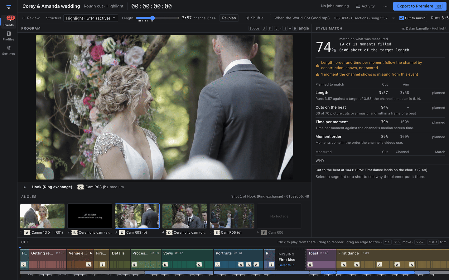 Sift's Rough cut screen for a wedding. The program monitor shows the bride and groom at the ceremony. Below it, an angle grid of six cameras and the cut: segments for getting ready, venue, first look, details, processional, vows, portraits, toast and first dance. The style match panel reads 74 percent and 'Cuts on the beat: 66 of 70 picture cuts over music land within a frame of a beat'.