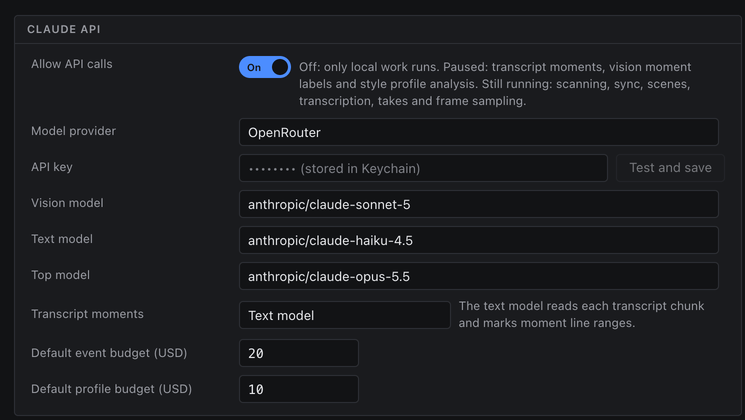 The Claude API settings: Allow API calls switched on, model provider OpenRouter, the API key field showing dots and '(stored in Keychain)', vision model anthropic/claude-sonnet-5, text model anthropic/claude-haiku-4.5, top model anthropic/claude-opus-5.5, and default budgets of 20 and 10 US dollars.